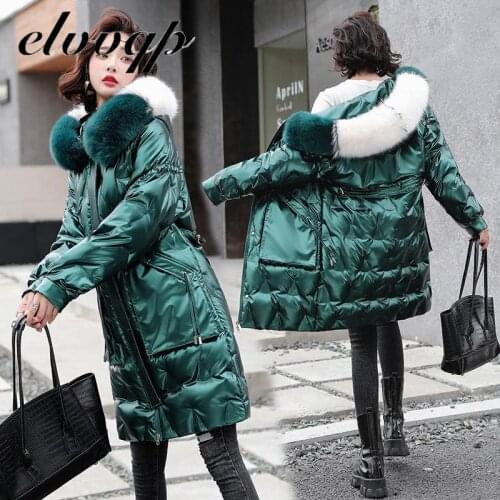 New 2020 Big Imitate Fur Hooded Jacket White Duck Down Coat Long Down Parkas Thick Warm Snow Outwear Female Puffer Jackets