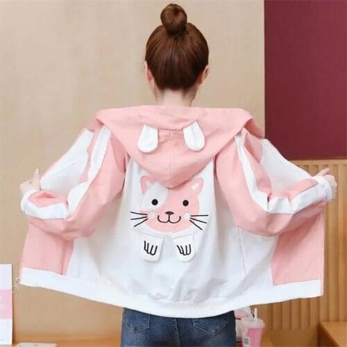New Student Cartoon Cat Jackets Tops Women Casual Loose Hooded Coat Spring Autumn Childrens Jacket Coat Embroidery Windbreakers