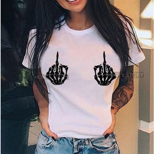 Personality Vertical Middle Finger Print Street Casual Loose Ladies T-shirt Round Neck Modal Short Sleeve