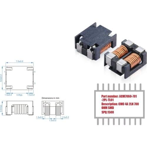 My Group Asia 1500PCS ACM7060-701-2PL-TL01 2 Line Common Mode Choke Surface Mount 4A 700OHM SMD CMC Filters in Stock