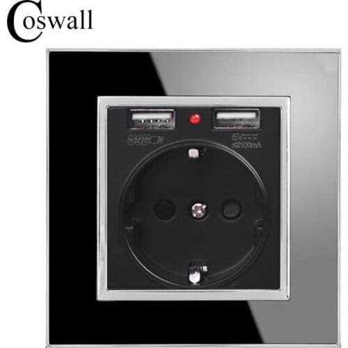 Coswall Wall Socket Grounded, 16A EU Russia Spain Outlet With 2.1A Dual USB Charger Acrylic Panel Black White Gold