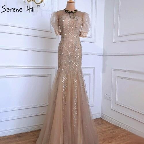 Serene Hill Champagne Luxury Sexy Evening Dresses Gowns 2021 Mermaid Elegant Half Puff Sleeves For Women Party LA70932