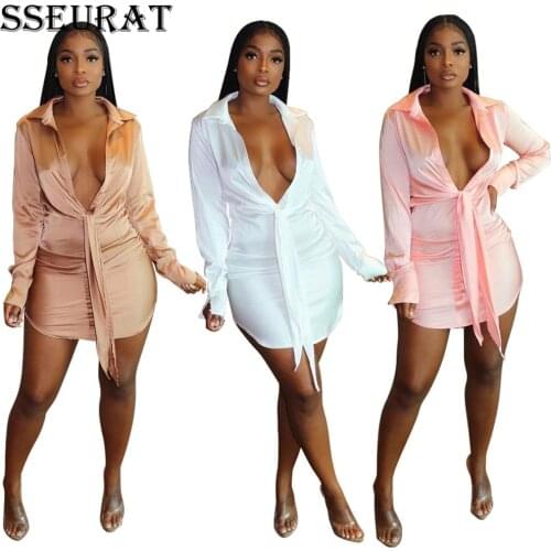 SSEURAT Women Mini Dress Solid Full Sleeve Turn-down Collar V-neck Bandage Dresses Sexy Fashion Vestidos