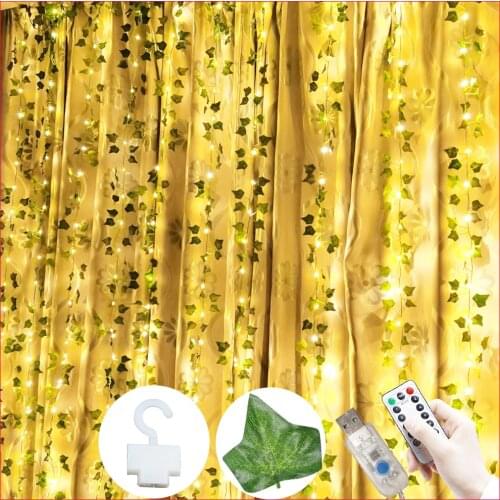 3M*2M LED Copper Fairy String Curtain Lights with Artificial Ivy Leaf Plants Garland for Party Wedding Room Home Outdoor Decor