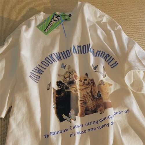 JESSIC American retro cat butterfly cartoon print short-sleeved T-shirt female oversize loose couple top ins tide