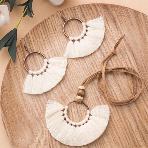 Vintage Colorful Tassel Jewelry Sets African Indian Bridal Wedding Women Boho Big Round Earring Leather Rope Necklace Set Gift