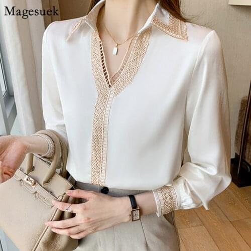 2021 Autumn New Elegant Long Sleeve Shirts Tops Hollow Out Embroidery Chiffon Shirt Office Lady V-neck Loose Blusas Mujer 15939