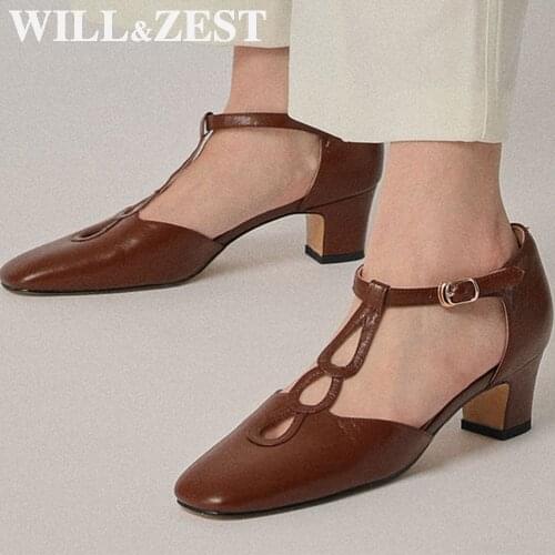 Will&Zest T-Strap Heel WomenS Sandals 2020 Beige Footwear Graduation Shoes Mary Janes Square Pumps Summer Fashion Designer