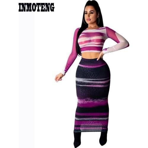 INMOTENG Mixed Color Striped Fashion Woman Set Two Pieces Sexy See Through Mesh Long Sleeve Crop Top Empire Waist Maxi Skirt Set