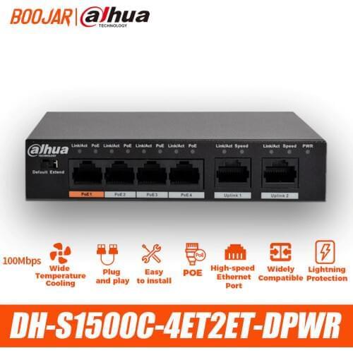 Dahua 4ch PoE Switch DH-S1500C-4ET2ET-DPWR 4CH Ethernet Switch Support PoE PoE+ Hi-PoE Protocol
