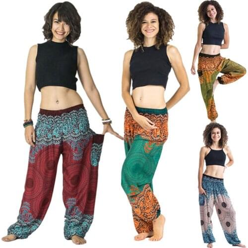 Pants Women Cotton Thai Harem Trousers Boho Festival Hippy Smock High Waist Pants Loose Full Length Stacked Sweatpants #T1G