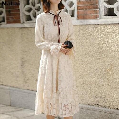 Elegant Dress Women Sweet Lace Fairy Dress Fashion Korean Clothing Autumn 2021 Female Bow Solid Long Sleeve Midi Party Dresses