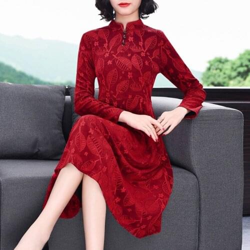 Elegant Print Ladies Cheongsam 2020 New Autumn Plus Size Retro Temperament Slim Stand Collar Red Qipao Dress Party Vestidos y647