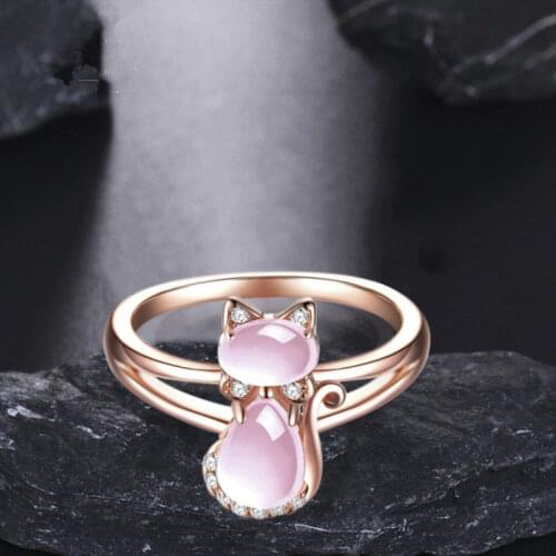 Hot Sale Fashion Rose Gold Pink Cat Ring, Lovely Temperament Lady Pink Inlaid Crystal Ring Rings for Women Jewelry Whole Sale