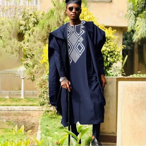 H&D African Men Agbada Embroidery Dashiki Plus Size Boubou Shirt Pants Suit 3 Piece Set Mens Clothes Party Meeting Formal Attire