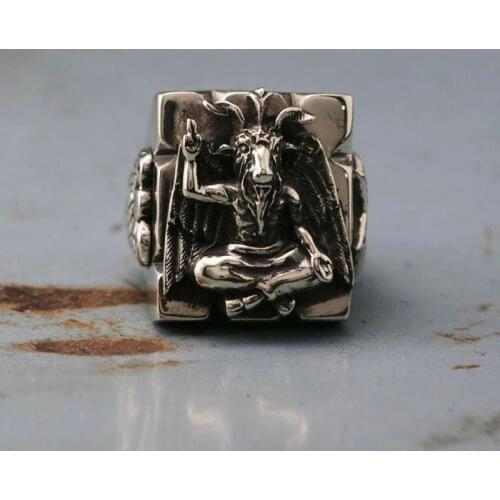 Vintage Baphomet Mens Stainless Steel Ring Seal of Satan Pentagram Sigil Illuminati Rings Gothic Cool Jewelry Anniversary Gift
