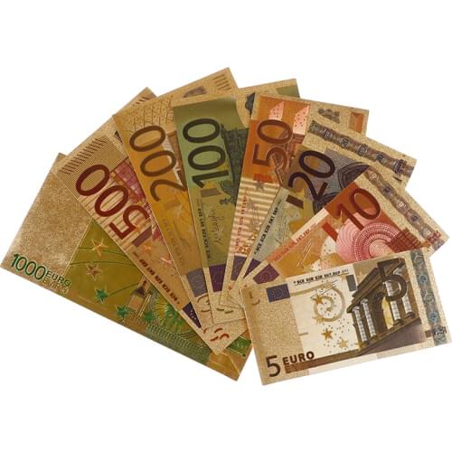 Colorful Gold Banknote Euro Gold Plated Paper Money 8Pcs Set Gold Foil Banknote with Certificate Card Worth Collection Hot Sale
