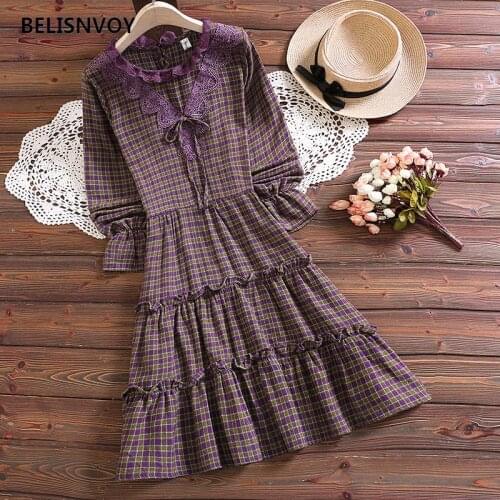 Japanese Mori Girl Sweet Women Dress Elegant Long Sleeve Retro Purple Plaid Dress Vestidos Female Vintage Lace Ruffles Dress