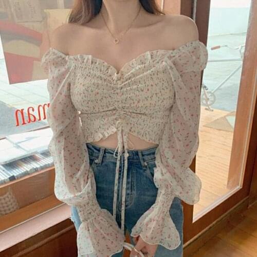 Floral One Shoulder Puff Sleeve Shirt Off-The-Shoulder Chest-Wrapped Drawstring Shirt Korean Style Elegant Long-Sleeved Shirts