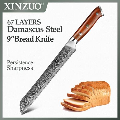 XINZUO 9'' inch Bread Knife 67 Layers Damascus Top Quality Serrated Knives Kitchen Knife Cooking Tools with Rosewood Handle