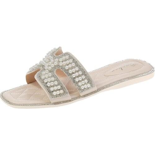 Spring/Summer New Women Slides 2021 Fashion Solid Color Flat Shoes Sandals Pearl Rhinestone Womens All-match Casual Slippers