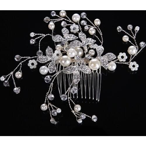 SLBRIDAL Handmade Wired Rhinestones Crystals Pearls Flower Wedding Hair Comb Bridal Hair Accessories Bridesmaids Women