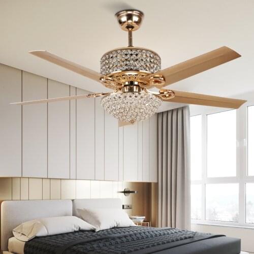 LED Ceiling Fan Country Retro European Style Iron Leaf Luxury Bedroom Living Room Crystal Ceiling Fan with Light Remote Control