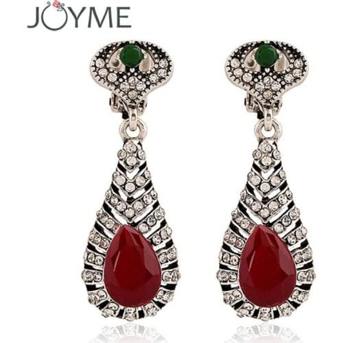 Turkish Vintage Ethnic Crystal Women Earrings No Hole Black Long Bohemian Earring Cuff Clips Earrings Without Pierced Ear Clip