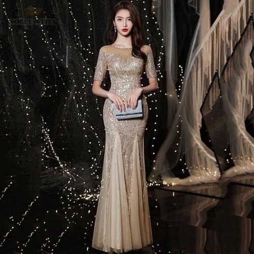Evening Dresses Long O-Neck Floor-Length Prom Dresses Sequined Dresses Woman Party Night Mermaid Prom Dress
