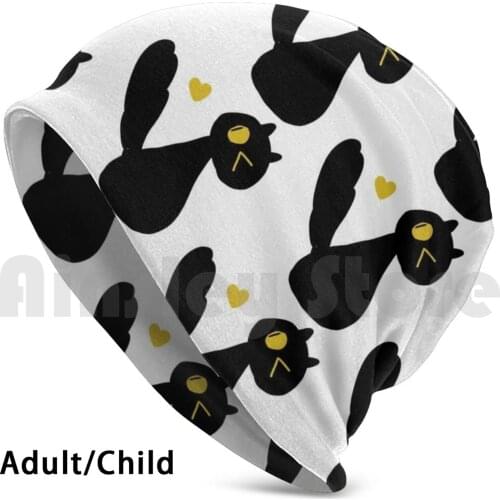 Yellow Heart Cat Beanies Knit Hat Hip Hop Cute Cat Black Cats Yellow Heart Hearts Wink Winking Black Cat Doodle