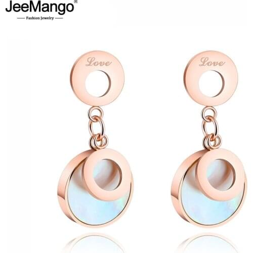 JeeMango Rose Gold White Shell Double Circle Stud Earrings Stainless Steel Love Earrings Jewelry For Women Oorbellen JE17075