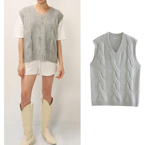 Za 2020 Vintage Women Fashion Cotton V-Neck Sleeveless Twisted Sweaters Gray Wool Winter Vest Mujer Thick Chic Female Tops