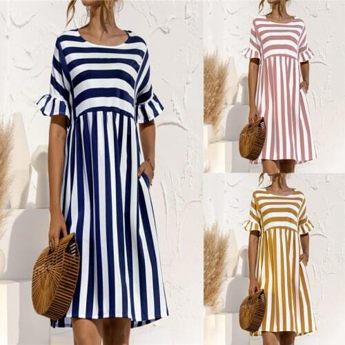 Summer Elegant Ruffle Sleeve A Line Dress Women Loose O Neck Striped Patchwork Mini Dresses Fashion Pocket Beach Party Dress