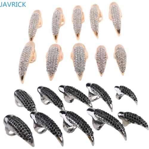 10 PCS Halloween Costume Claws Fake Nails Ring Set, Gothic Punk 3 Sizes Crystal Full Finger Rings Paved Paw Bend Fingertip Fing