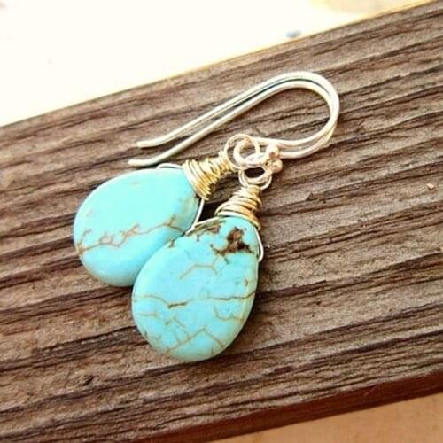 Turquoise Drop Earrings Sterling Silver Wire Wrapped Turquoise Howlite Dangle Earrings Teardrop Turquoise Earrings