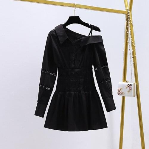 Black Sexy Sling Long Sleeve V Neck Halter Mini Short Dress 2020 A Line Autumn Lace Hollow Out Fake Two Piece Dresses