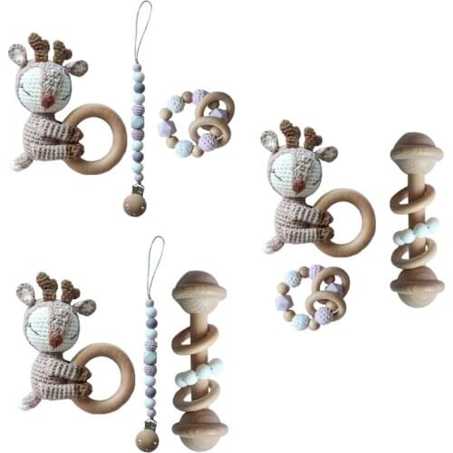 Baby Pacifier Clip Chain Dummy Holder Wooden Teething Bracelet DIY Crochet Animal Deer Teether Infants Rattle Soother Molar Toy