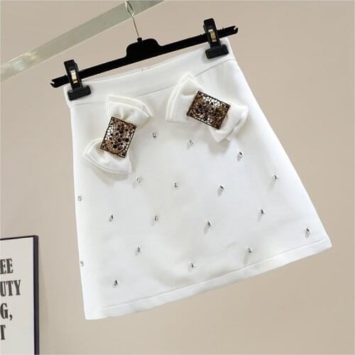 Exquisite Rhinestone Sweet Tridimensional Bow A- Line Skirt Womens Korean-Style High Waist Slim Short Hip Skirts White Black