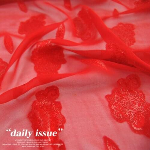The new year red silk chiffon fabric fabric 12 silver sequins dress shirt fabric cloth dress clothes