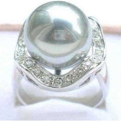 18K gold plated Crystal 14mm Grey Shell Pearl Round Bead Ring size: 6 7.8.9 10