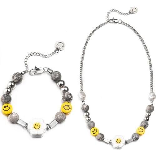 Stainless Steel Hip Hop Street Dance Resin Bead Sunflower Smiley Pendant Necklace Jewelry Gift For Men Women