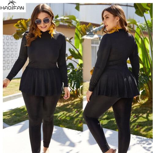 HAOFAN Plus Size Black Swimwear Bugini Muslim Fat Fashion Swimwear Long Sleeve Arabic Turkish Pakistan Islamic Swimwear 5XL