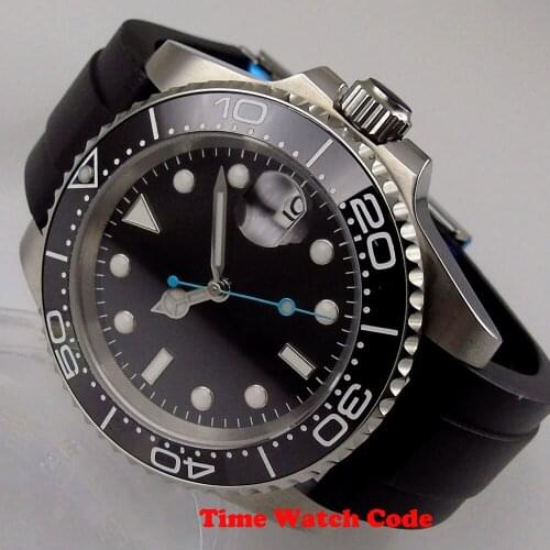 NH35/Miyota8215 Sapphire Mens Automatic Watch Date Cyclops Black Dial Lume Face Rubber Band Ceramic Rotating Bezel 40mm