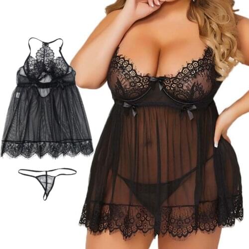 M-3XL Plus Size Nightdress Women Black Lace Sleepwear Super Sexy Home Dresses Femme Tops And Panties Two Piece Lingerie Set