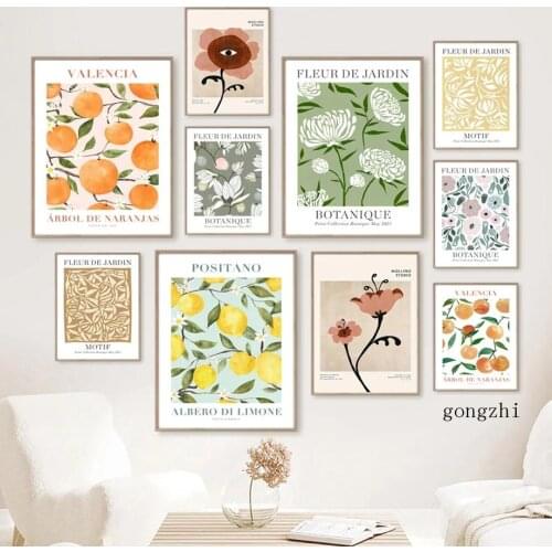 Orange Lemon Vintage Plant Flower Abstract Posters Minimalist Canvas Painting and Prints Wall Art Pictures for Living Room Decor