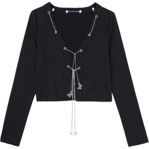 Spring Autumn Vintage Harajuku Women Punk Gothic Black Butterfly Chain Long Sleeve Temperament Streetwear Coat