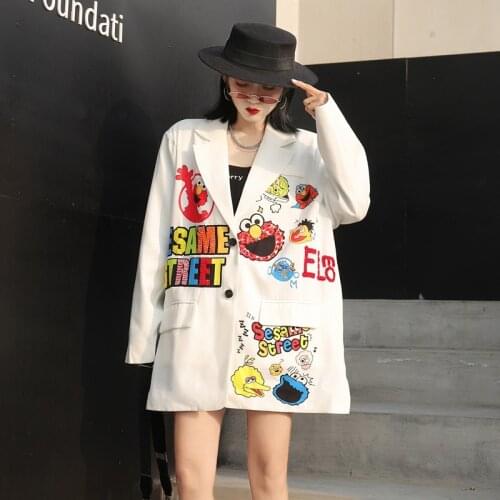 Streetwear Blazer Jacket Women Single Breasted Fashion Cartoon print Sequins Suit Jacket Female Spring Autumn Lapel Blazers Coat