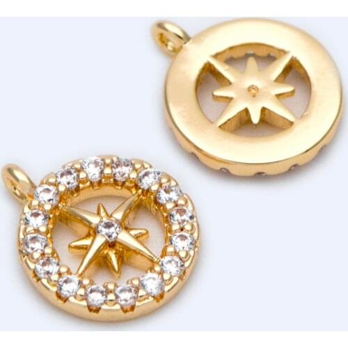 10pcs Gold plated Brass Round Star Charm 10x8.5mm, CZ paved Star Pendants (GB-1214)