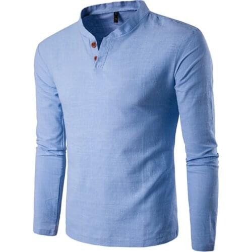 Casual Simple Solid Button Stand Collar Men Shirt Long Sleeve Slim Pullover Business 2021 Spring Summer Men Cotton Linen Shirts