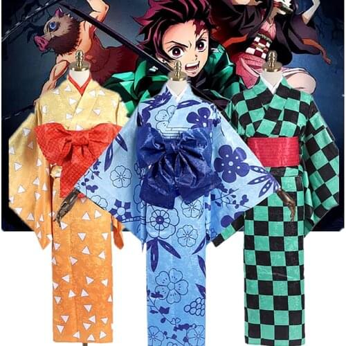 Demon Slayer: Kimetsu no Yaiba Kamado Tanjirou Agatsuma Zenitsu Hashibira Inosuke Yukata Kimono Anime Cosplay Costumes in stock